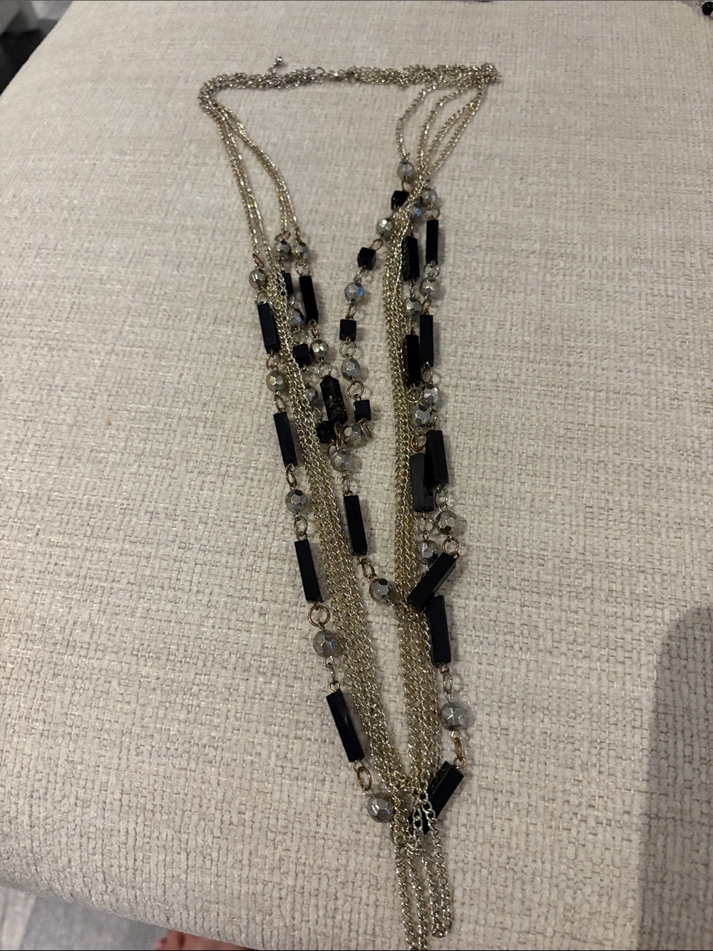Multi-Strand Gold Chain Necklace with Black and Clear Beads
